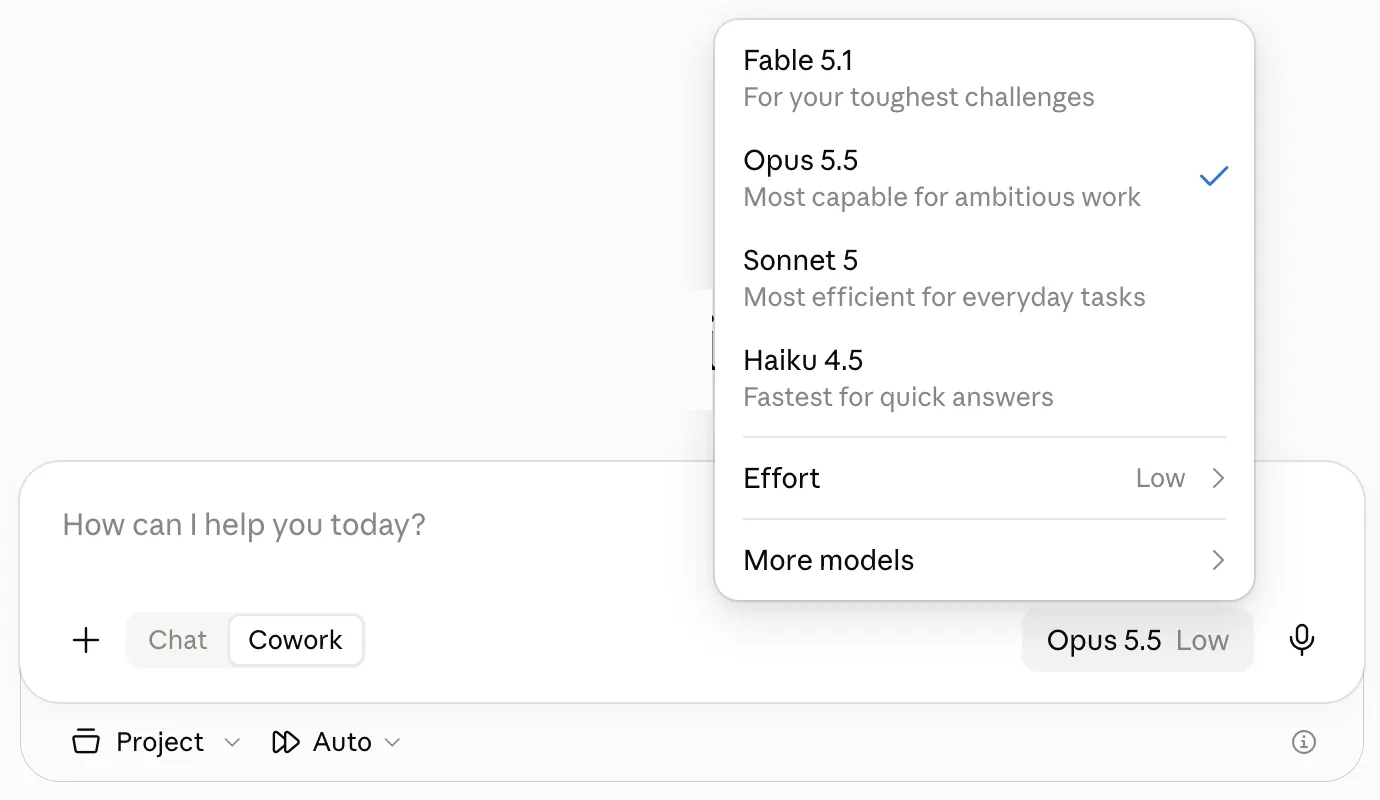 Model menu with Opus 5.5
